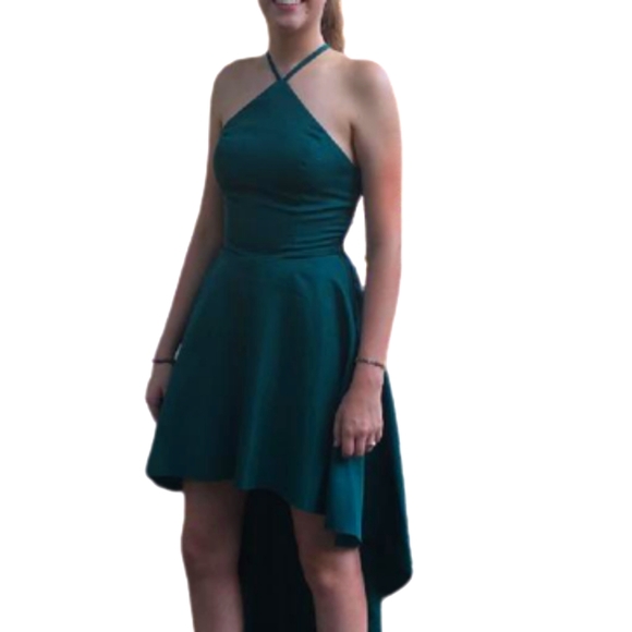 Emerald Green High Low Halter Style Semi Formal Evening Gown Prom Dress - Picture 2 of 14